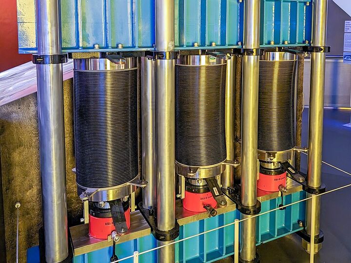 A stacked hydrogen electrolyser on display.